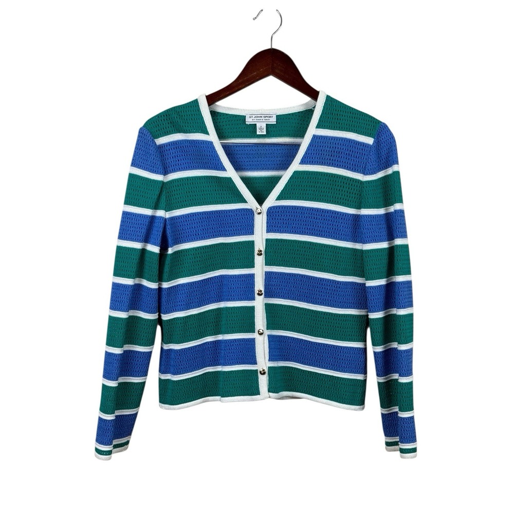 St. John Sport Knit Sweater Long Sleeve Cream Blue Green Gold Buttons Sz P